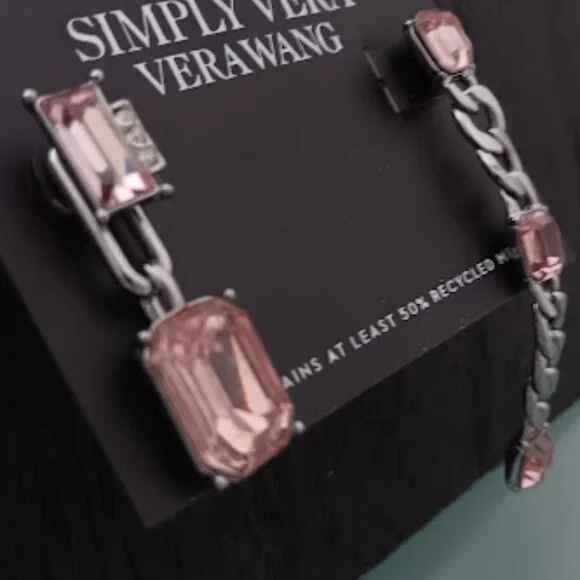 VERA WANG Rocker Chic Gunmetal Chain Pink/Clear Crystal Mismatch Drop Earrings - Picture 2 of 3